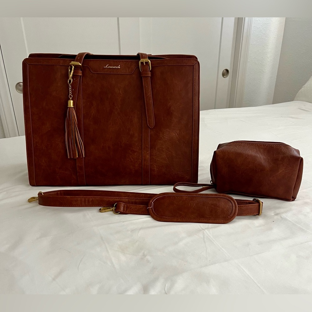 Lovevook Brown Laptop Bag with Tassel Detail and Adjustable Strap and Clutch Bag